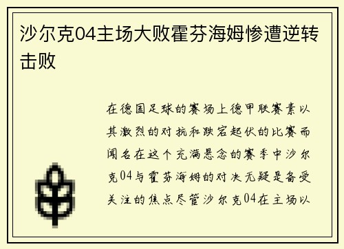 沙尔克04主场大败霍芬海姆惨遭逆转击败